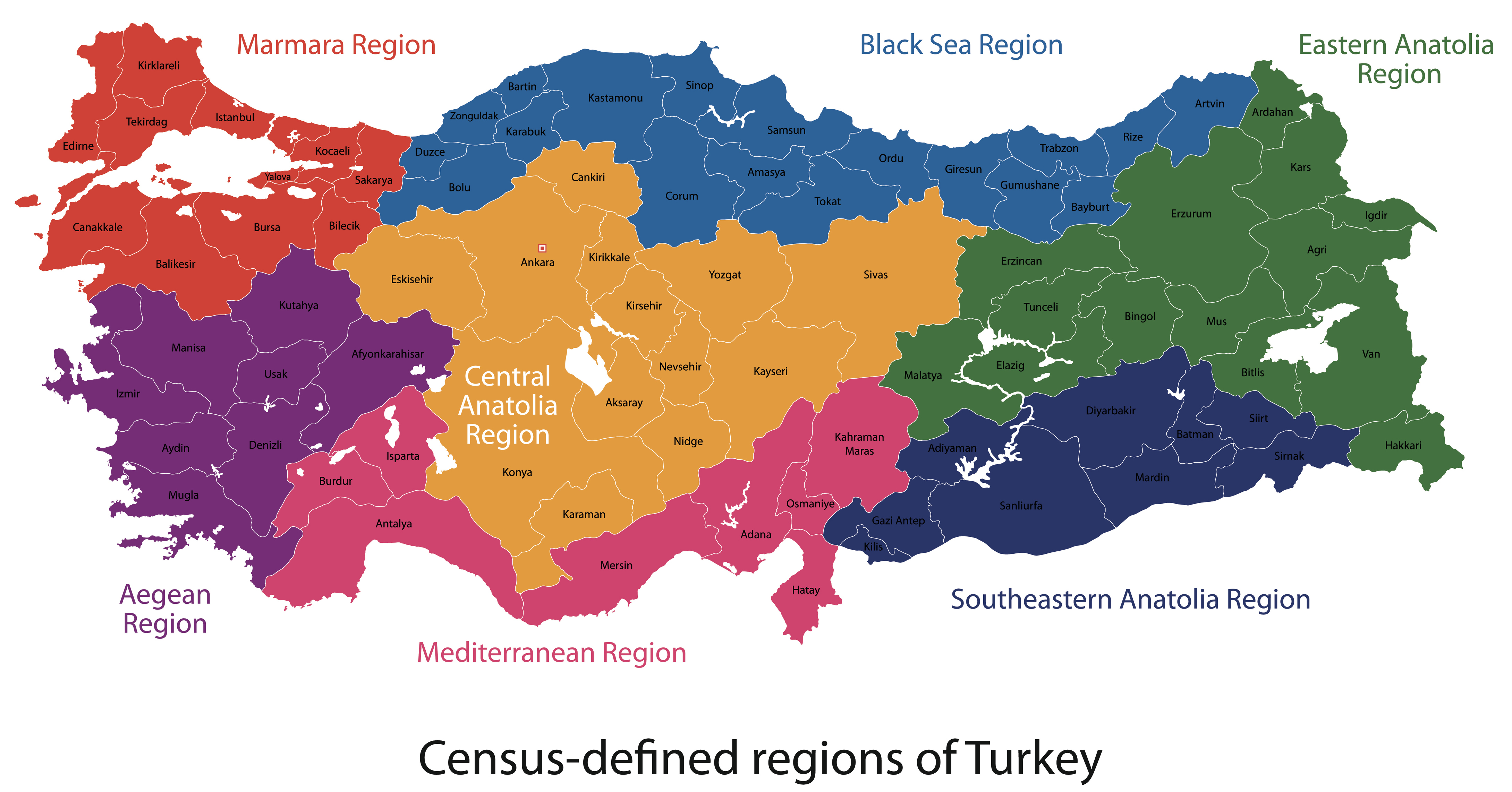 Türkiye Haritası Siyasi - Şehirler, Bölgeler, Göller ve Türkiye'nin  Komşuları İsimleri ile Listesi (Büyük & Renkli)